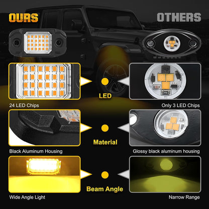4 Pods Yellow LED Rock Light Waterproof Neon Trail Rig Lamp Underglow Lights for Car Truck Motorcycle SUV ATV UTV (Yellow)