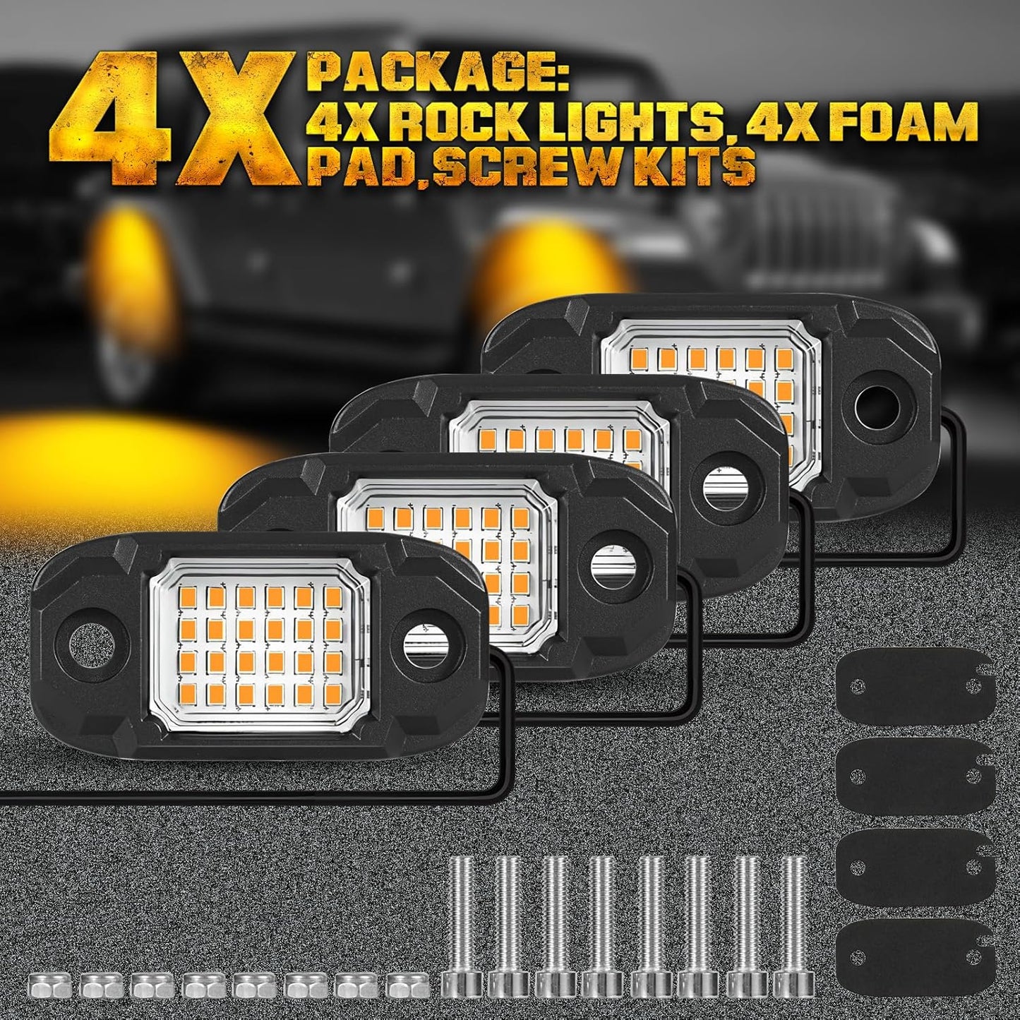 4 Pods Yellow LED Rock Light Waterproof Neon Trail Rig Lamp Underglow Lights for Car Truck Motorcycle SUV ATV UTV (Yellow)