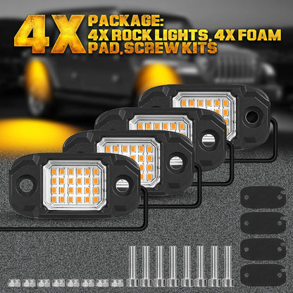 4 Pods Yellow LED Rock Light Waterproof Neon Trail Rig Lamp Underglow Lights for Car Truck Motorcycle SUV ATV UTV (Yellow)
