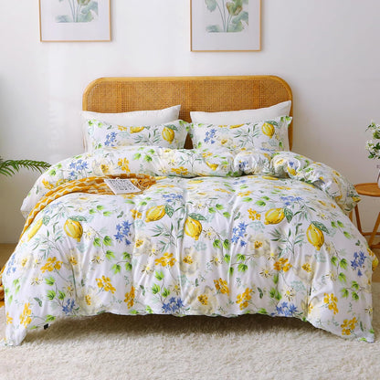 Duvet Cover King Size, 3 Piece Lemon Flowers Printed Duvet Cover Set with Zipper Closure, Soft & Breathable Microfiber Botanical Patterns Bedding Set with 4 Corner Ties and 2 Pillow Shams