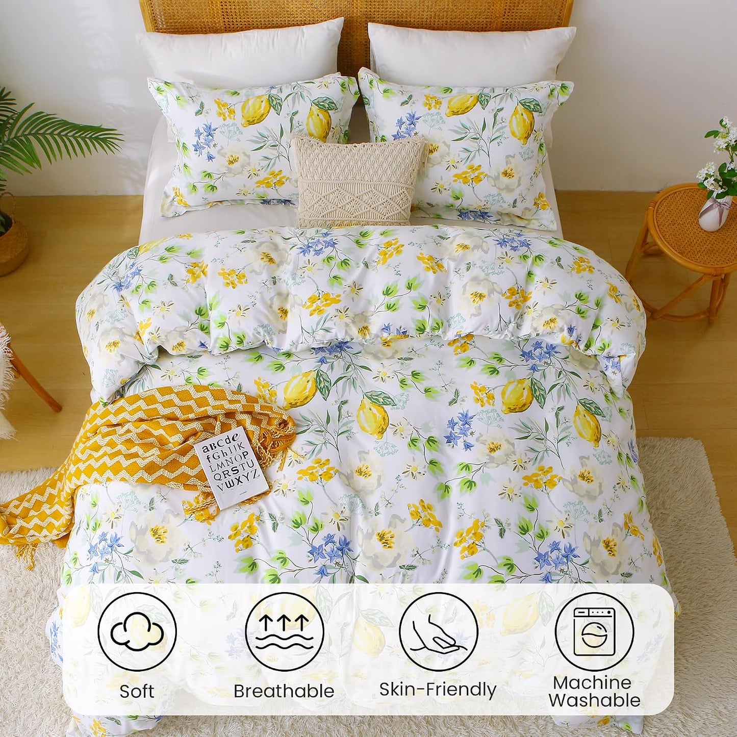 Duvet Cover King Size, 3 Piece Lemon Flowers Printed Duvet Cover Set with Zipper Closure, Soft & Breathable Microfiber Botanical Patterns Bedding Set with 4 Corner Ties and 2 Pillow Shams