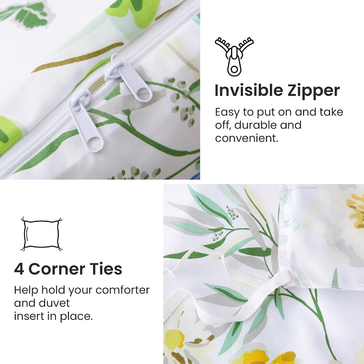 Duvet Cover King Size, 3 Piece Lemon Flowers Printed Duvet Cover Set with Zipper Closure, Soft & Breathable Microfiber Botanical Patterns Bedding Set with 4 Corner Ties and 2 Pillow Shams