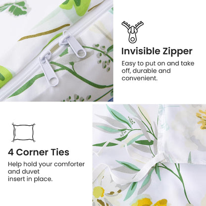 Duvet Cover King Size, 3 Piece Lemon Flowers Printed Duvet Cover Set with Zipper Closure, Soft & Breathable Microfiber Botanical Patterns Bedding Set with 4 Corner Ties and 2 Pillow Shams