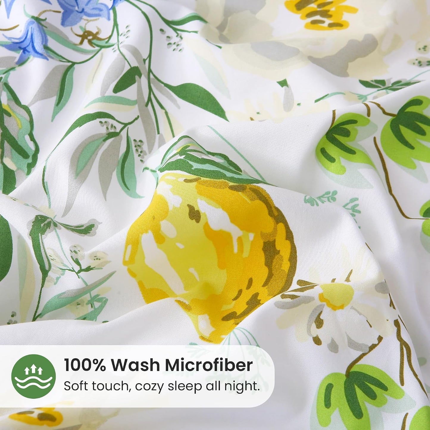 Duvet Cover King Size, 3 Piece Lemon Flowers Printed Duvet Cover Set with Zipper Closure, Soft & Breathable Microfiber Botanical Patterns Bedding Set with 4 Corner Ties and 2 Pillow Shams