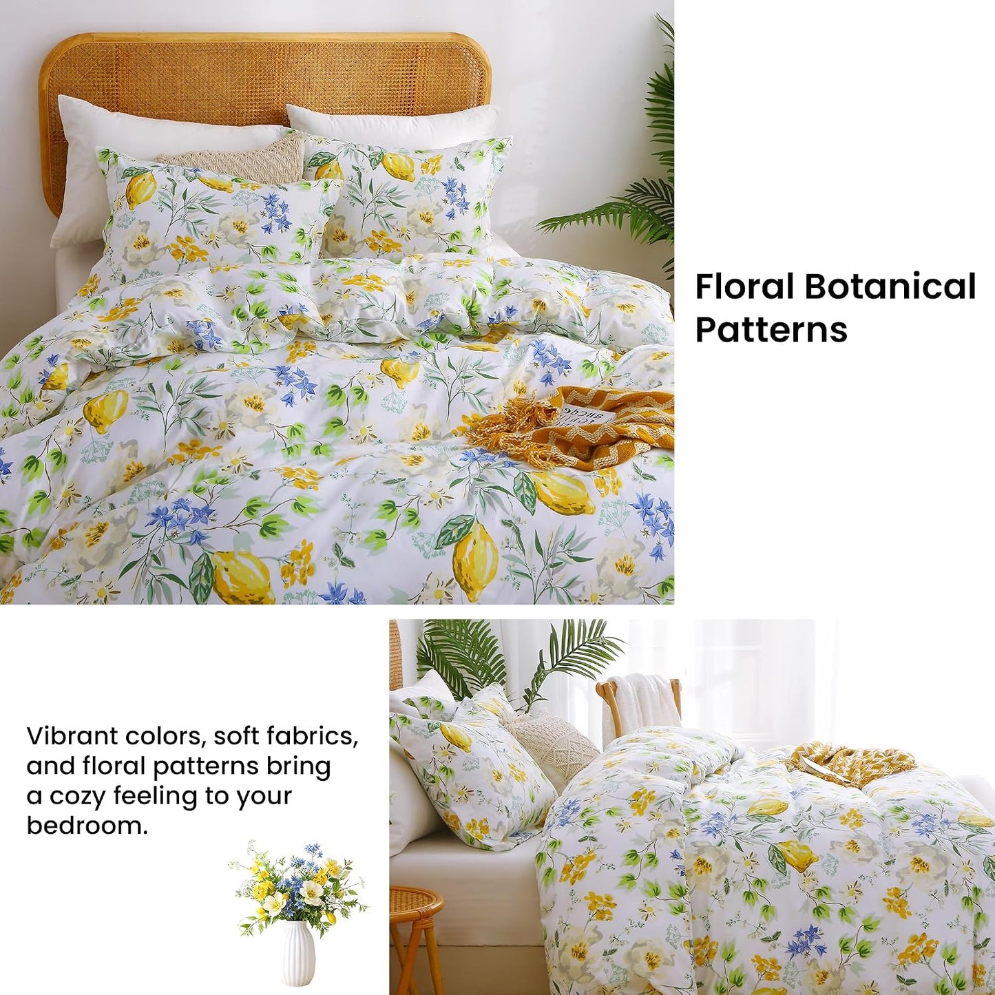 Duvet Cover King Size, 3 Piece Lemon Flowers Printed Duvet Cover Set with Zipper Closure, Soft & Breathable Microfiber Botanical Patterns Bedding Set with 4 Corner Ties and 2 Pillow Shams