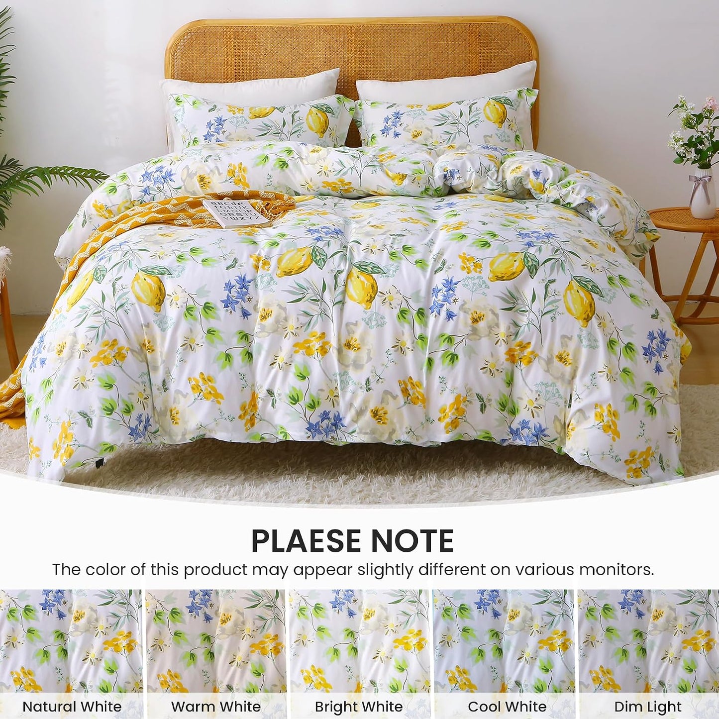 Duvet Cover King Size, 3 Piece Lemon Flowers Printed Duvet Cover Set with Zipper Closure, Soft & Breathable Microfiber Botanical Patterns Bedding Set with 4 Corner Ties and 2 Pillow Shams