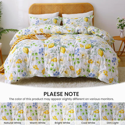 Duvet Cover King Size, 3 Piece Lemon Flowers Printed Duvet Cover Set with Zipper Closure, Soft & Breathable Microfiber Botanical Patterns Bedding Set with 4 Corner Ties and 2 Pillow Shams