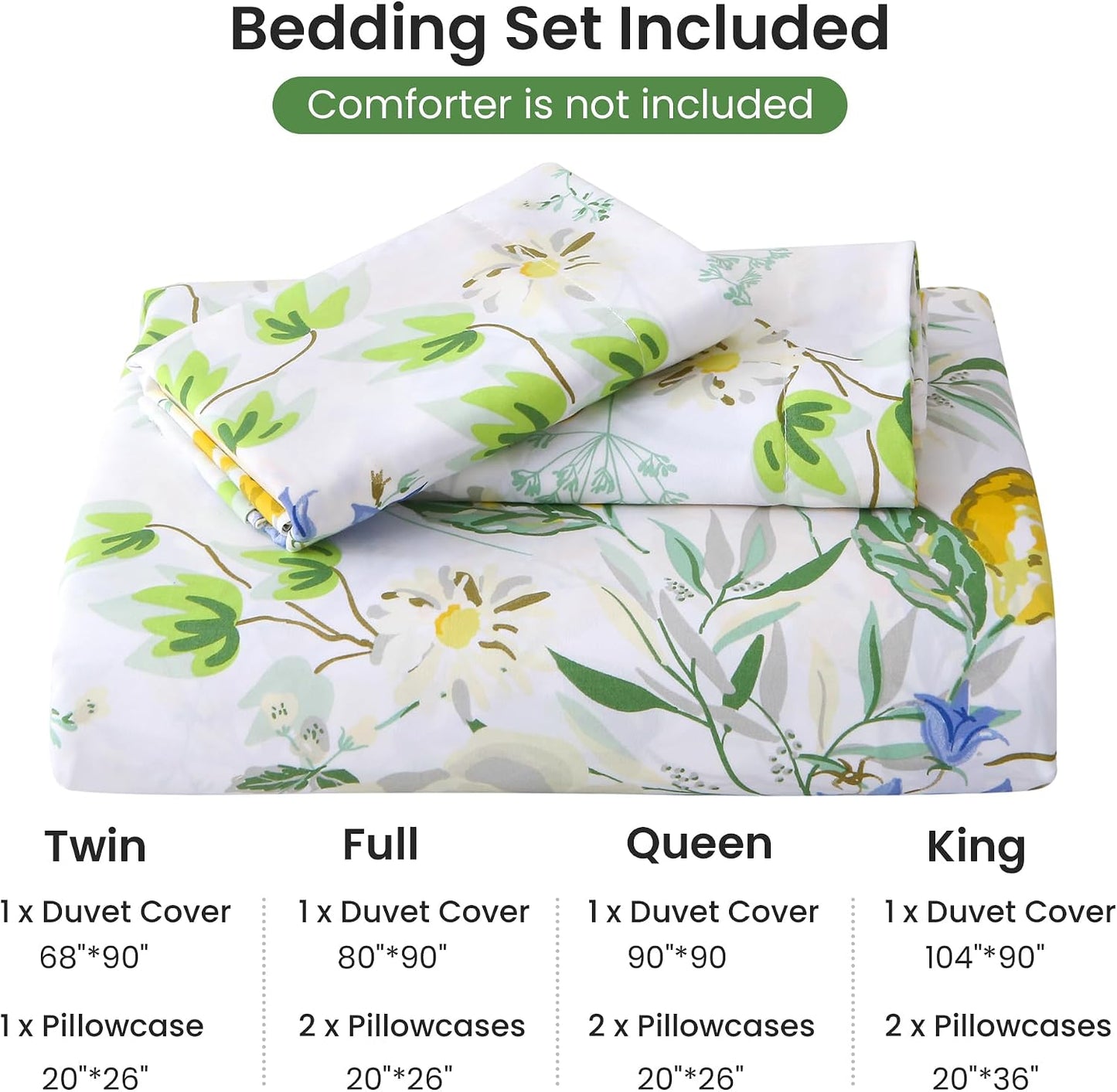 Duvet Cover King Size, 3 Piece Lemon Flowers Printed Duvet Cover Set with Zipper Closure, Soft & Breathable Microfiber Botanical Patterns Bedding Set with 4 Corner Ties and 2 Pillow Shams