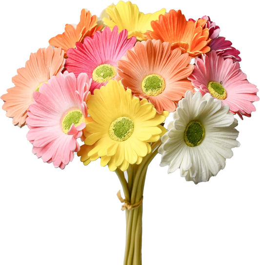 12 Stems PU Yellow Gerbera Daisy | Thanksgiving and Christmas Decorations Flexible Centerpiece Wedding Bouquet Home Décor