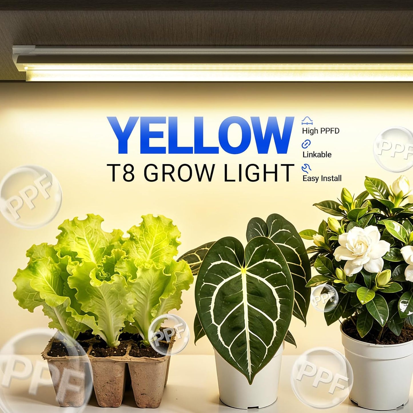 T8 Grow Light, 252W(6 x 42W, 1400W Equivalent), Full Spectrum, LED Grow Light Strips, T8 Integrated Growing Lamp Fixture, Grow Shop Light, with ON/Off Switch, 4FT 6 Packs, Yellow