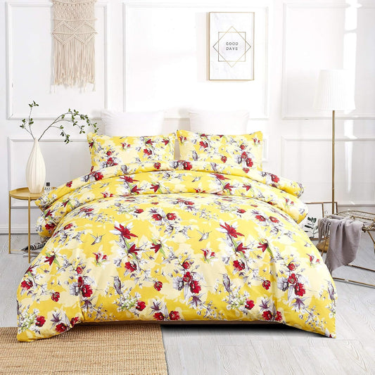 DaDa Bedding Radiant Sunshine Yellow Floral Duvet Cover - Hummingbirds Red Flowers Garden w/Pillow Cases - Bright Vibrant Multi-Colorful Very Soft Comforter Cover w/Corner Ties - Cal King - 3-Pieces