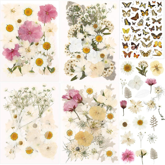 160 Pcs Pressed Flowers Bulk Real Natural Dried Flowers for Craft Resin Set Pressed Flower with Butterfly Stickers for DIY Jewelry Floral Decors Making Nail Art(Vintage,Light Yellow)