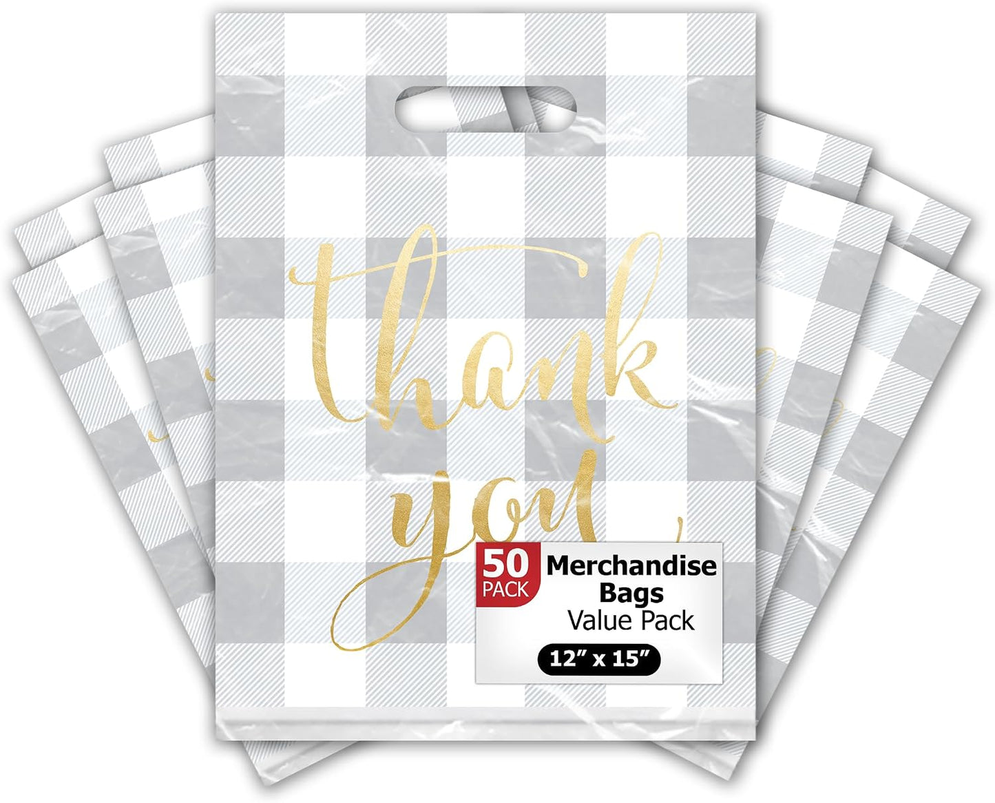 12x15 50 Count Buffalo Check Thank You Designer Retail Boutique Merchandise Bags with Die Cut Handles Premium Printed Shopping Bags For Small Business Shop Owners