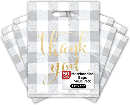 12x15 50 Count Buffalo Check Thank You Designer Retail Boutique Merchandise Bags with Die Cut Handles Premium Printed Shopping Bags For Small Business Shop Owners
