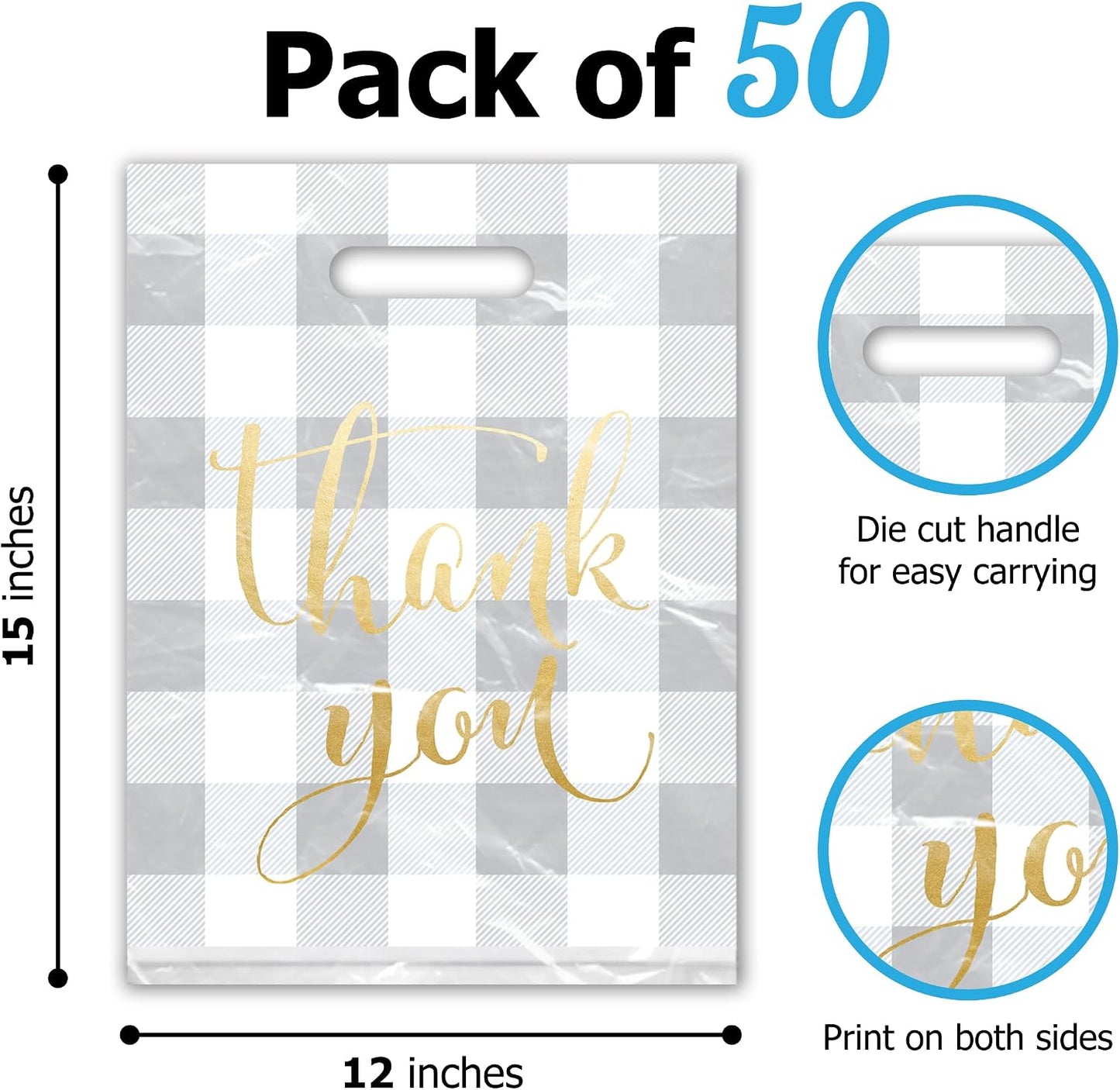 12x15 50 Count Buffalo Check Thank You Designer Retail Boutique Merchandise Bags with Die Cut Handles Premium Printed Shopping Bags For Small Business Shop Owners