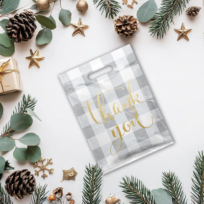 12x15 50 Count Buffalo Check Thank You Designer Retail Boutique Merchandise Bags with Die Cut Handles Premium Printed Shopping Bags For Small Business Shop Owners