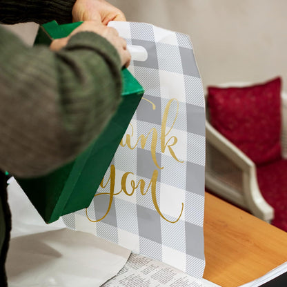 12x15 50 Count Buffalo Check Thank You Designer Retail Boutique Merchandise Bags with Die Cut Handles Premium Printed Shopping Bags For Small Business Shop Owners