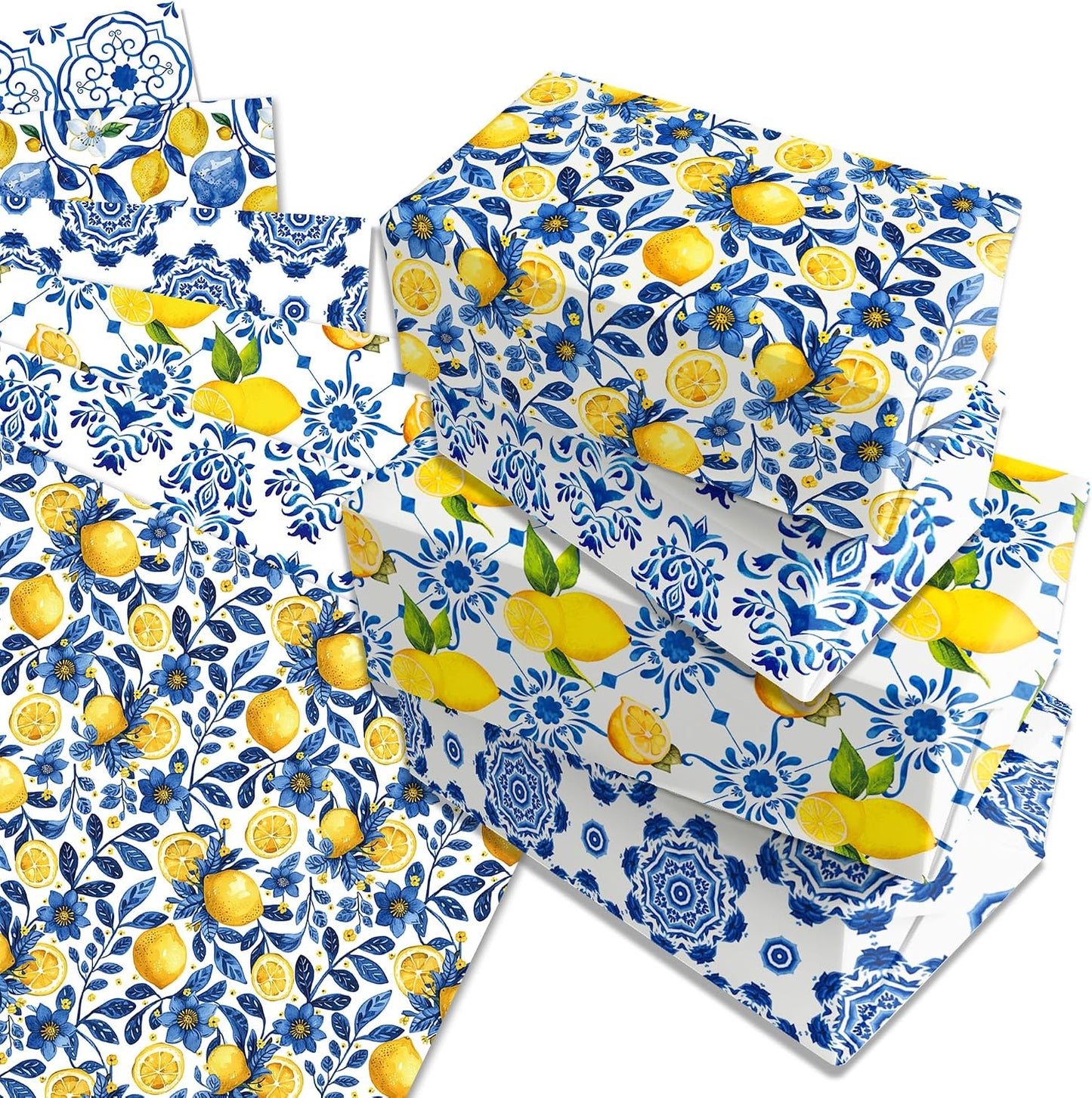 12sheets Blue and White Porcelain Lemon Wrapping Paper Chinoiserie Lemon Pattern Gift Wrap Packing Paper for Holiday Birthday Wedding Party DIY Gift Decorative Paper Supplies
