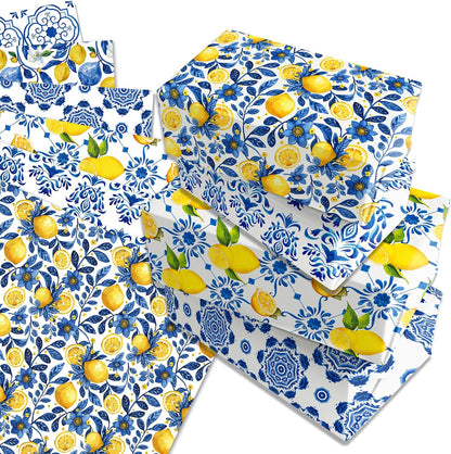 12sheets Blue and White Porcelain Lemon Wrapping Paper Chinoiserie Lemon Pattern Gift Wrap Packing Paper for Holiday Birthday Wedding Party DIY Gift Decorative Paper Supplies