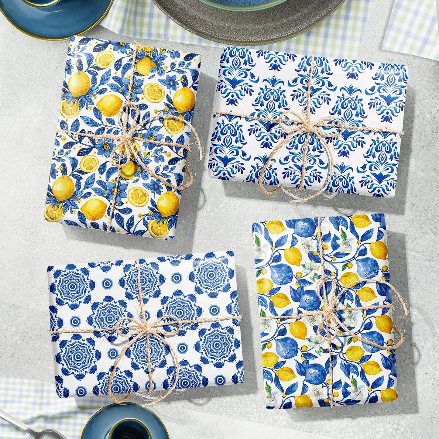 12sheets Blue and White Porcelain Lemon Wrapping Paper Chinoiserie Lemon Pattern Gift Wrap Packing Paper for Holiday Birthday Wedding Party DIY Gift Decorative Paper Supplies