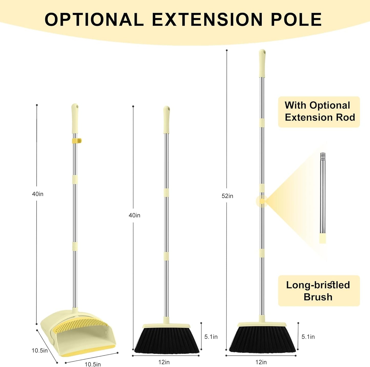 Broom and Dustpan Set for Home, 52" Long Handle Broom Set with Dustpan Teeth to Clean Hair Sweeping Indoor and Outdoor (Yellow)