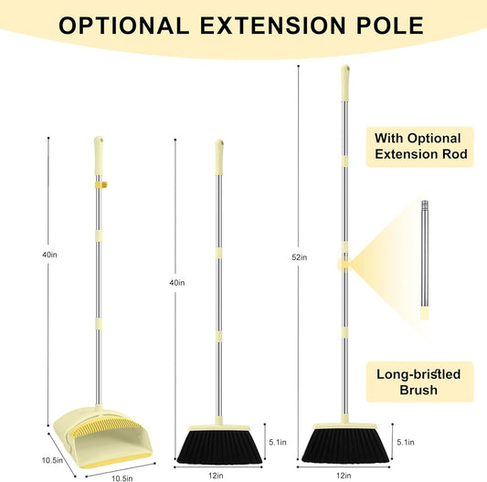 Broom and Dustpan Set for Home, 52" Long Handle Broom Set with Dustpan Teeth to Clean Hair Sweeping Indoor and Outdoor (Yellow)