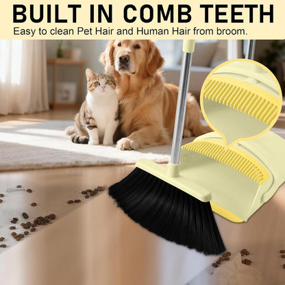 Broom and Dustpan Set for Home, 52" Long Handle Broom Set with Dustpan Teeth to Clean Hair Sweeping Indoor and Outdoor (Yellow)