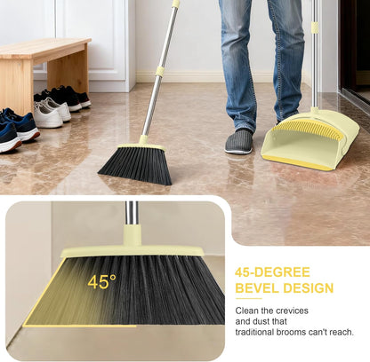 Broom and Dustpan Set for Home, 52" Long Handle Broom Set with Dustpan Teeth to Clean Hair Sweeping Indoor and Outdoor (Yellow)