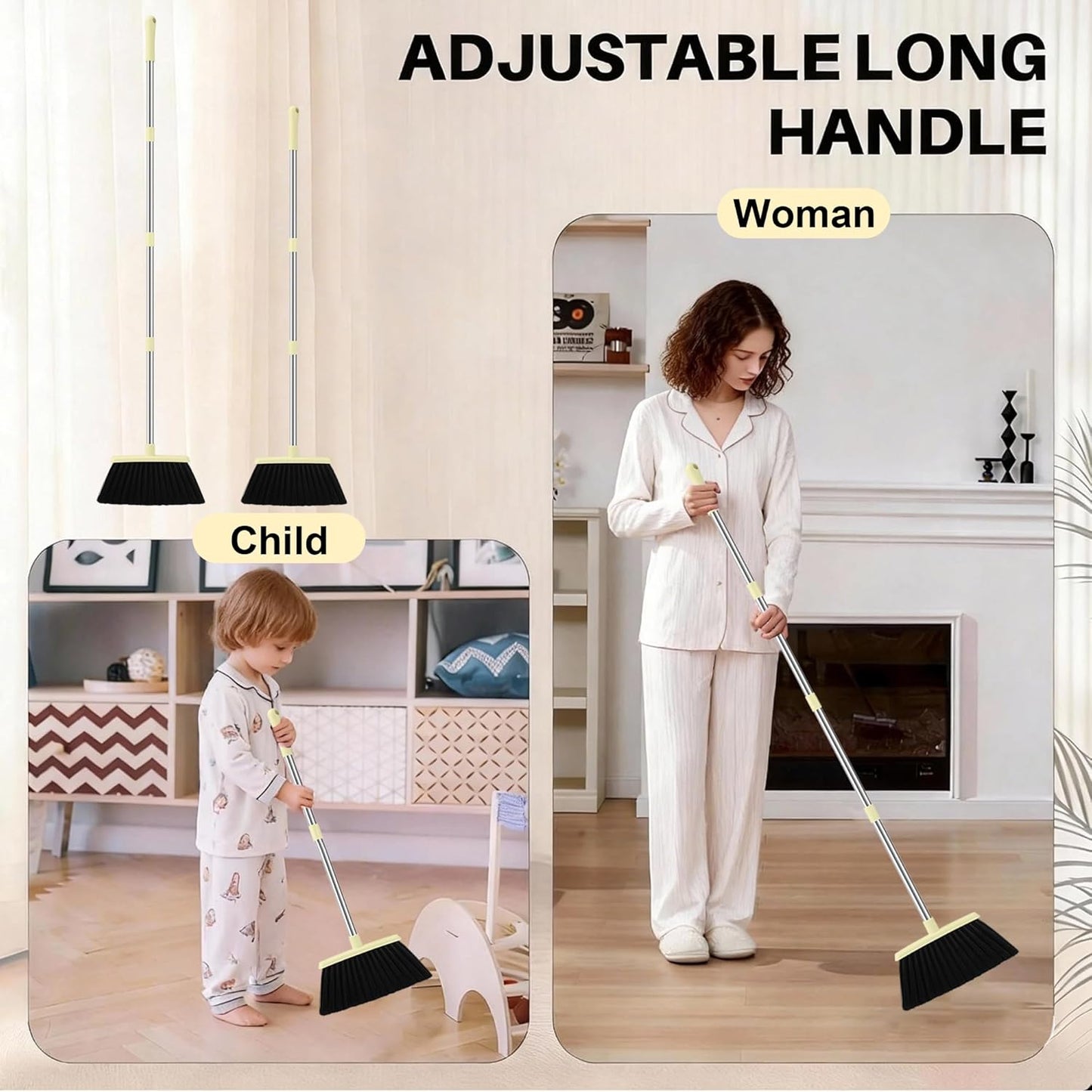 Broom and Dustpan Set for Home, 52" Long Handle Broom Set with Dustpan Teeth to Clean Hair Sweeping Indoor and Outdoor (Yellow)