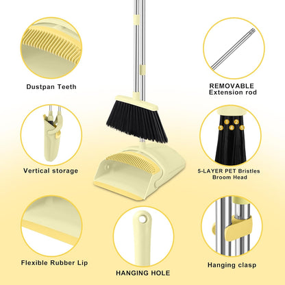 Broom and Dustpan Set for Home, 52" Long Handle Broom Set with Dustpan Teeth to Clean Hair Sweeping Indoor and Outdoor (Yellow)