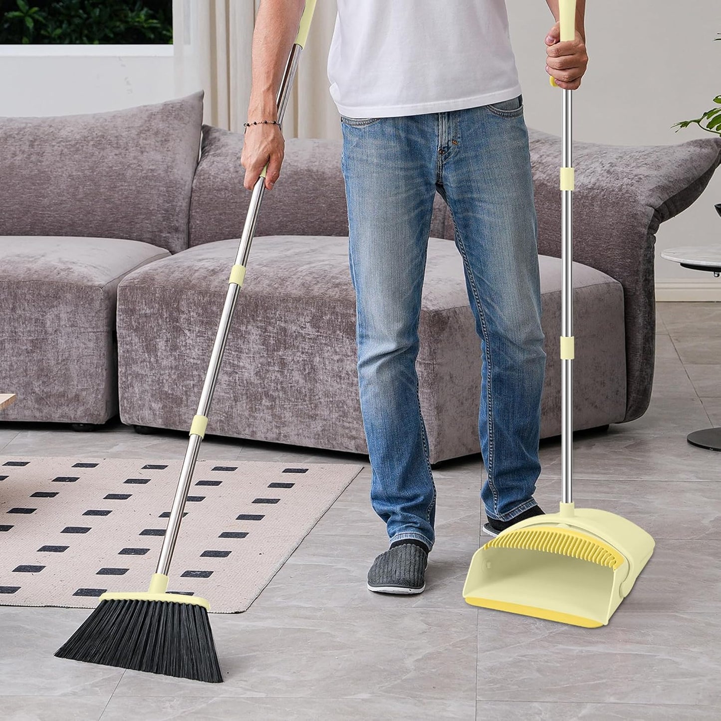 Broom and Dustpan Set for Home, 52" Long Handle Broom Set with Dustpan Teeth to Clean Hair Sweeping Indoor and Outdoor (Yellow)