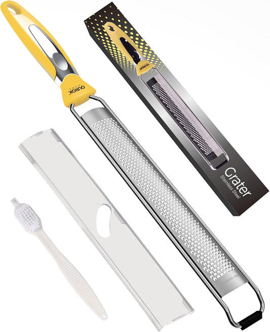 Kitchen Lemon Zester, Stainless Steel Hand Held Parmesan Cheese Grater for Ginger, Chocolate, Coconut, Lime, Nutmeg, Citrus, Fruit, Vegetable with Cleaning Brush, Dishwasher safe, Yellow