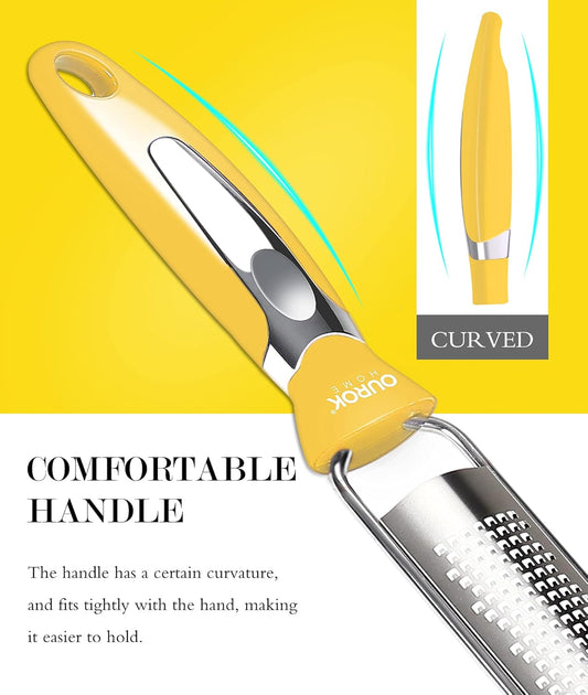 Kitchen Lemon Zester, Stainless Steel Hand Held Parmesan Cheese Grater for Ginger, Chocolate, Coconut, Lime, Nutmeg, Citrus, Fruit, Vegetable with Cleaning Brush, Dishwasher safe, Yellow
