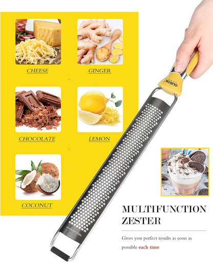 Kitchen Lemon Zester, Stainless Steel Hand Held Parmesan Cheese Grater for Ginger, Chocolate, Coconut, Lime, Nutmeg, Citrus, Fruit, Vegetable with Cleaning Brush, Dishwasher safe, Yellow