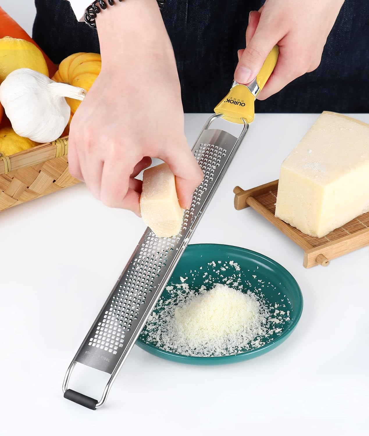 Kitchen Lemon Zester, Stainless Steel Hand Held Parmesan Cheese Grater for Ginger, Chocolate, Coconut, Lime, Nutmeg, Citrus, Fruit, Vegetable with Cleaning Brush, Dishwasher safe, Yellow