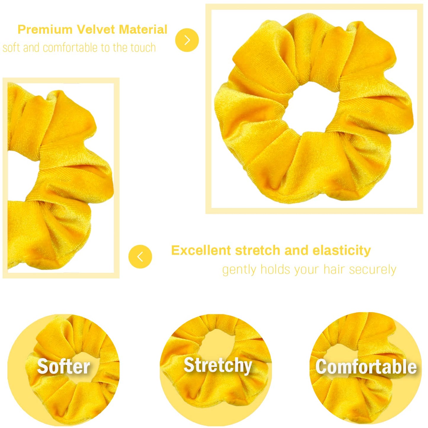 Yellow Scrunchies, Premium Velvet Soft Hair Scrunchy, Solid Colors Thick Elastic Bands, Hair Accessories for Women and Girls, 12 Pack