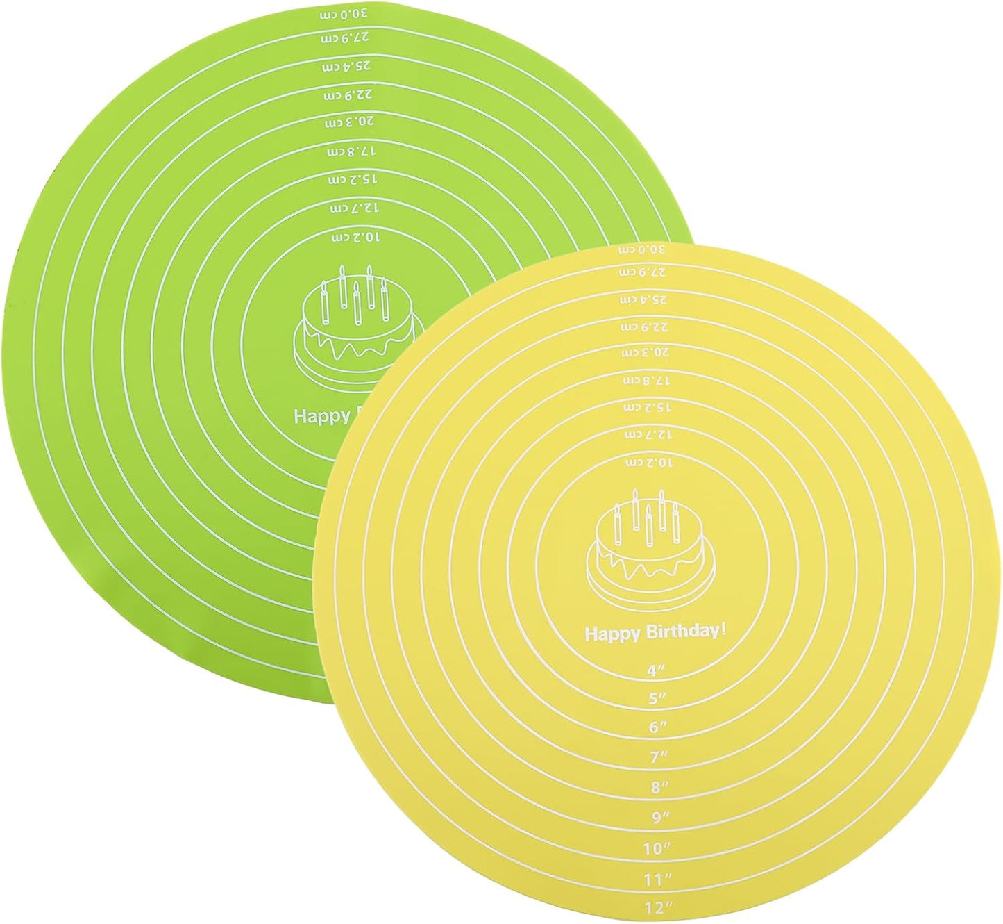 2Pcs Silicone Baking Mat, 12 Inch Round Baking Mat with Measurements Reusable Turntable Stand Pastry Baking Sheet for Rolling Out Dough Cake Pizza and Cookies (Yellow, Green)