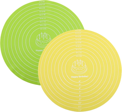 2Pcs Silicone Baking Mat, 12 Inch Round Baking Mat with Measurements Reusable Turntable Stand Pastry Baking Sheet for Rolling Out Dough Cake Pizza and Cookies (Yellow, Green)
