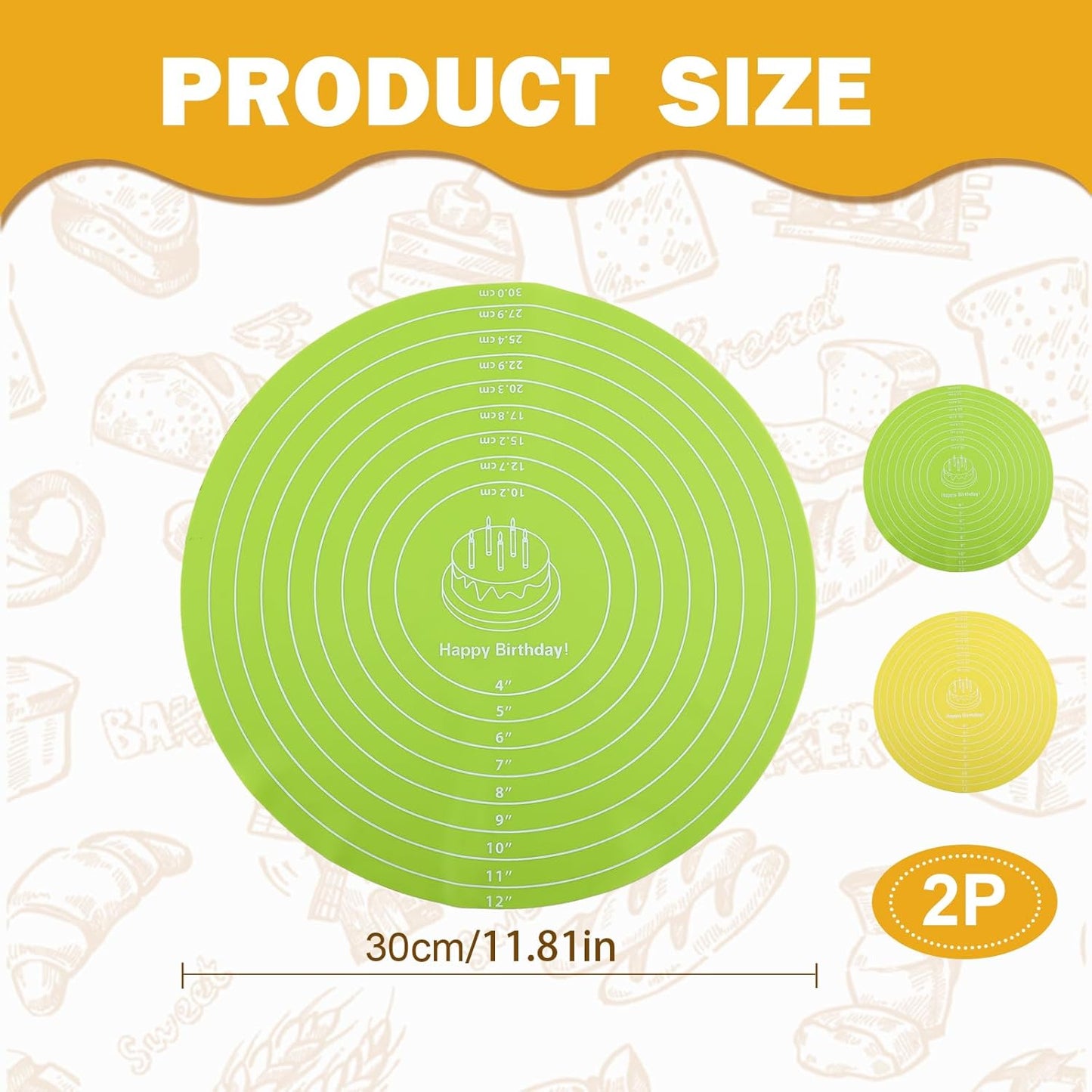 2Pcs Silicone Baking Mat, 12 Inch Round Baking Mat with Measurements Reusable Turntable Stand Pastry Baking Sheet for Rolling Out Dough Cake Pizza and Cookies (Yellow, Green)