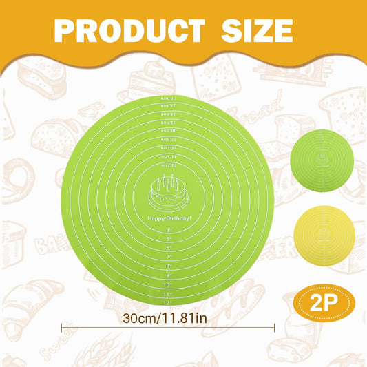 2Pcs Silicone Baking Mat, 12 Inch Round Baking Mat with Measurements Reusable Turntable Stand Pastry Baking Sheet for Rolling Out Dough Cake Pizza and Cookies (Yellow, Green)