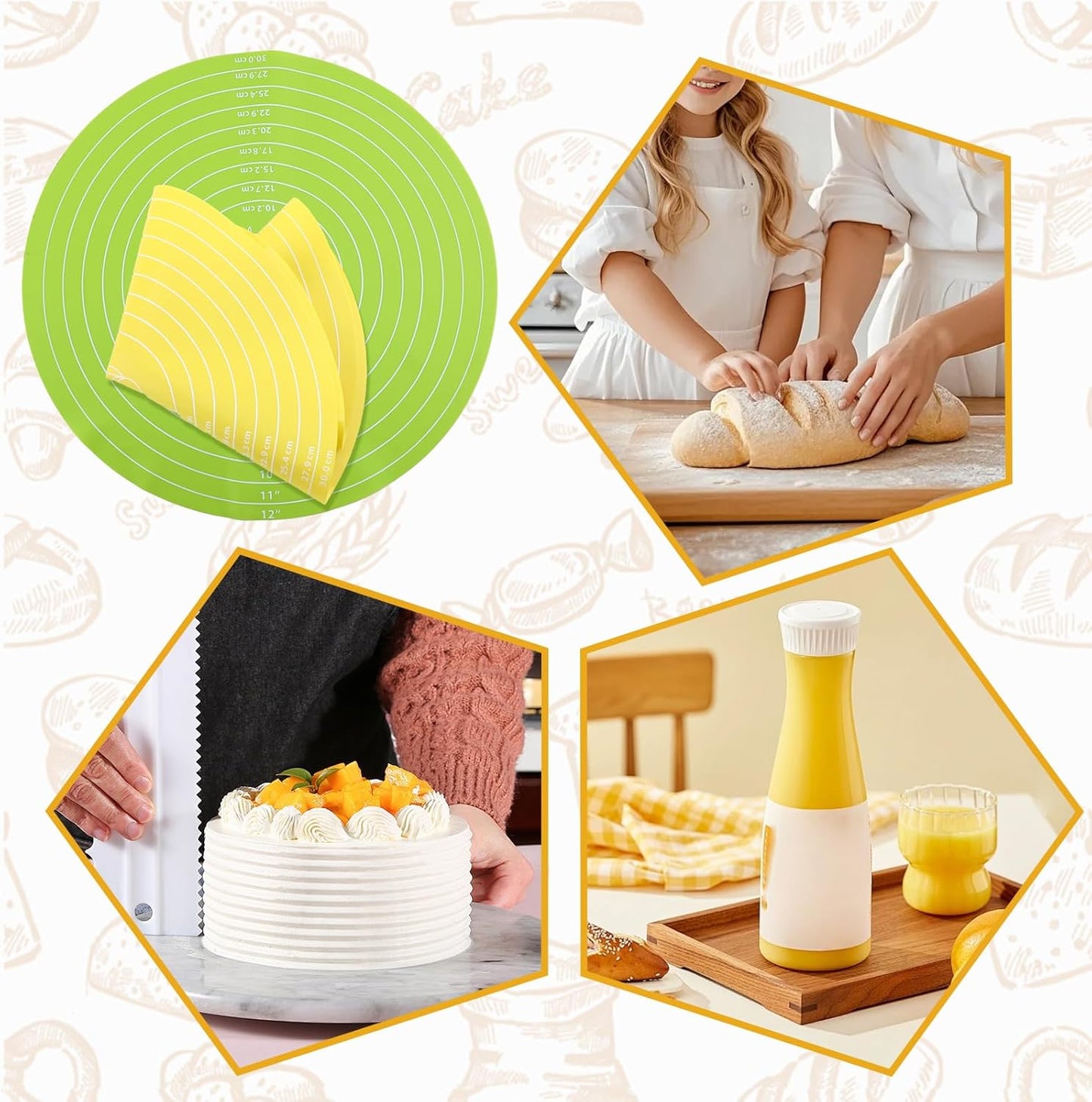 2Pcs Silicone Baking Mat, 12 Inch Round Baking Mat with Measurements Reusable Turntable Stand Pastry Baking Sheet for Rolling Out Dough Cake Pizza and Cookies (Yellow, Green)