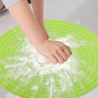 2Pcs Silicone Baking Mat, 12 Inch Round Baking Mat with Measurements Reusable Turntable Stand Pastry Baking Sheet for Rolling Out Dough Cake Pizza and Cookies (Yellow, Green)