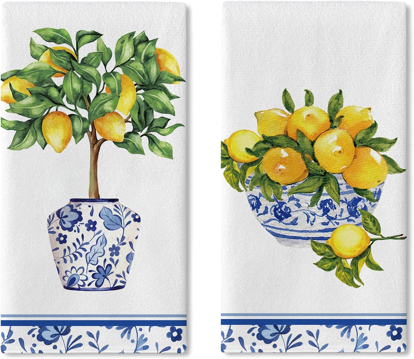 Italy Capri Lemon Tree Kitchen Dish Towels Set of 2, Amalfi Coast Citrus Blue White Porcelain Drying Hand Towel Baking Cooking Cloth, Summer Mediterranean Bathroom Home Decoration 18'' x 26''