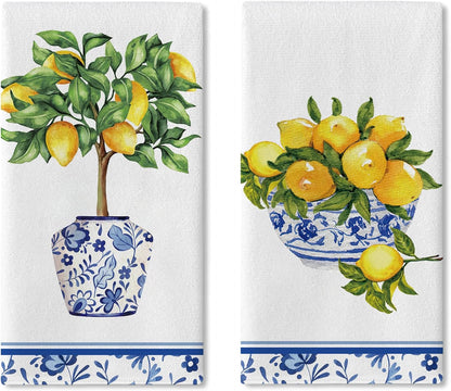 Italy Capri Lemon Tree Kitchen Dish Towels Set of 2, Amalfi Coast Citrus Blue White Porcelain Drying Hand Towel Baking Cooking Cloth, Summer Mediterranean Bathroom Home Decoration 18'' x 26''