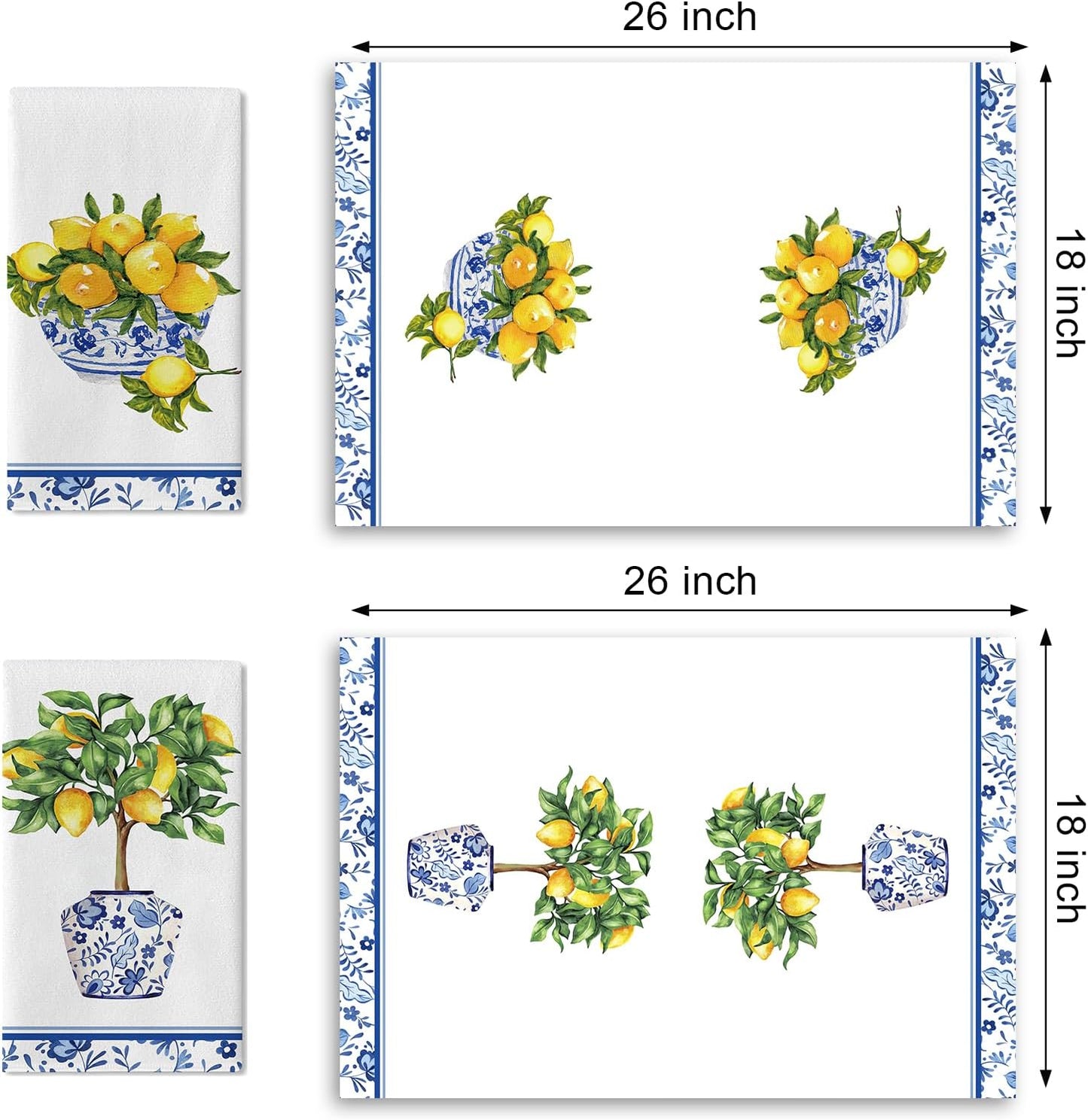 Italy Capri Lemon Tree Kitchen Dish Towels Set of 2, Amalfi Coast Citrus Blue White Porcelain Drying Hand Towel Baking Cooking Cloth, Summer Mediterranean Bathroom Home Decoration 18'' x 26''