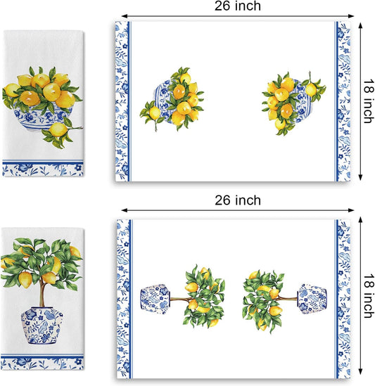 Italy Capri Lemon Tree Kitchen Dish Towels Set of 2, Amalfi Coast Citrus Blue White Porcelain Drying Hand Towel Baking Cooking Cloth, Summer Mediterranean Bathroom Home Decoration 18'' x 26''