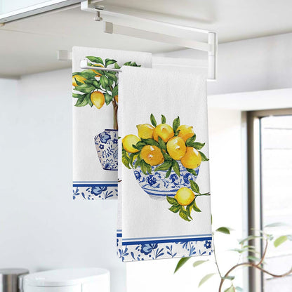 Italy Capri Lemon Tree Kitchen Dish Towels Set of 2, Amalfi Coast Citrus Blue White Porcelain Drying Hand Towel Baking Cooking Cloth, Summer Mediterranean Bathroom Home Decoration 18'' x 26''