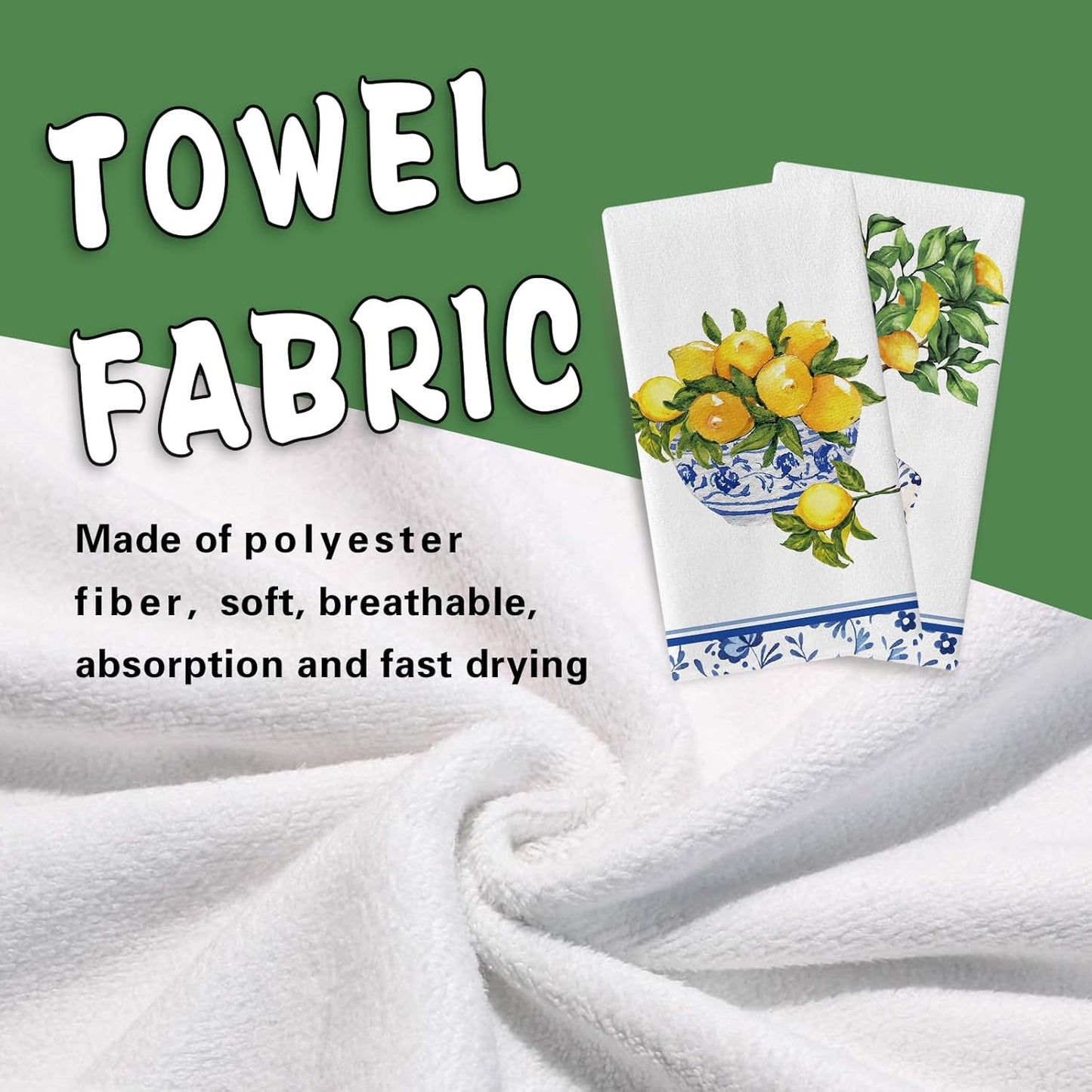 Italy Capri Lemon Tree Kitchen Dish Towels Set of 2, Amalfi Coast Citrus Blue White Porcelain Drying Hand Towel Baking Cooking Cloth, Summer Mediterranean Bathroom Home Decoration 18'' x 26''