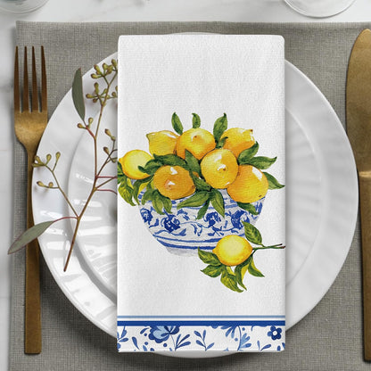 Italy Capri Lemon Tree Kitchen Dish Towels Set of 2, Amalfi Coast Citrus Blue White Porcelain Drying Hand Towel Baking Cooking Cloth, Summer Mediterranean Bathroom Home Decoration 18'' x 26''