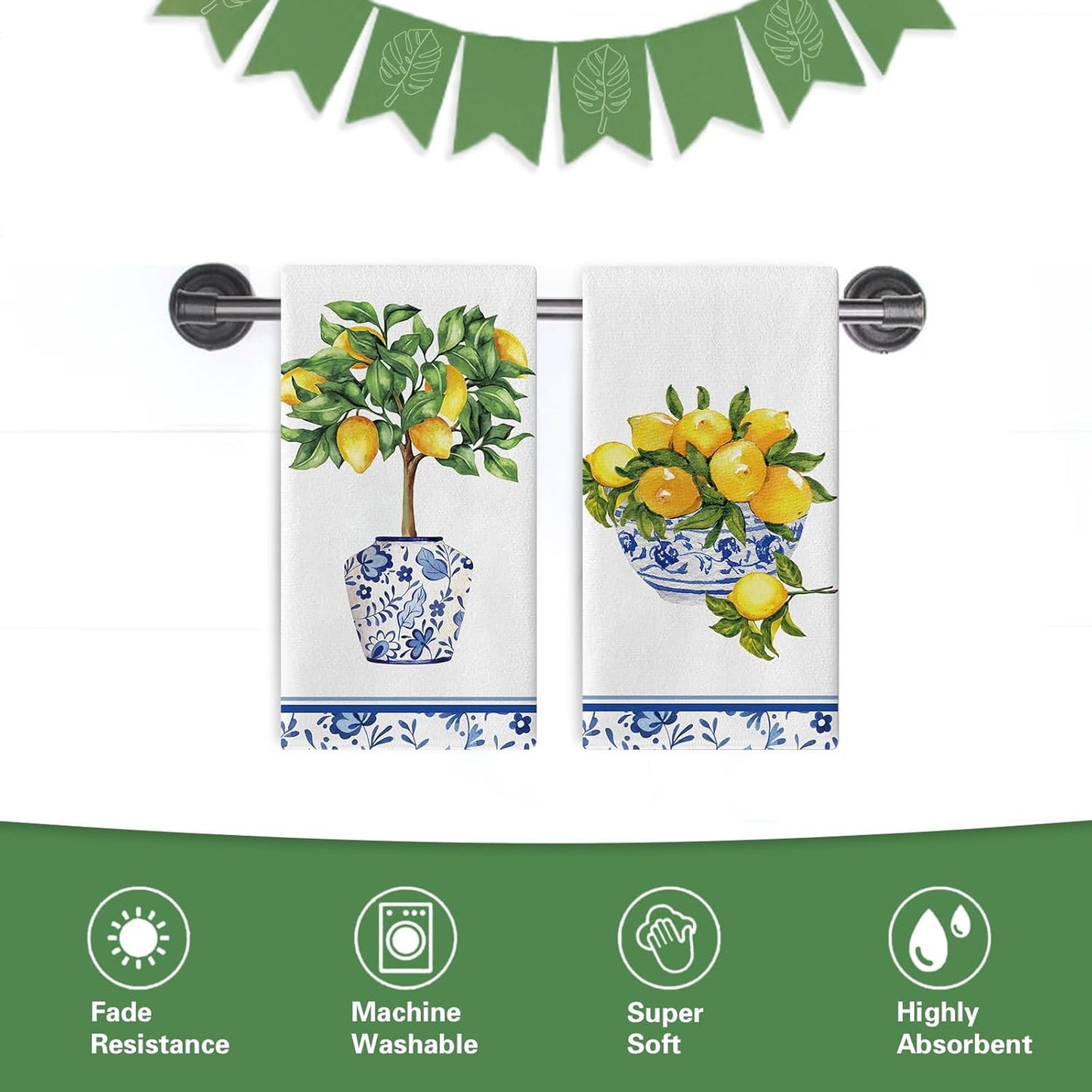 Italy Capri Lemon Tree Kitchen Dish Towels Set of 2, Amalfi Coast Citrus Blue White Porcelain Drying Hand Towel Baking Cooking Cloth, Summer Mediterranean Bathroom Home Decoration 18'' x 26''